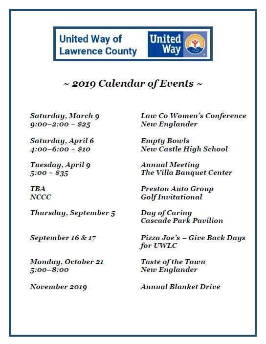 Calendar of Events United Way of Lawrence County PA